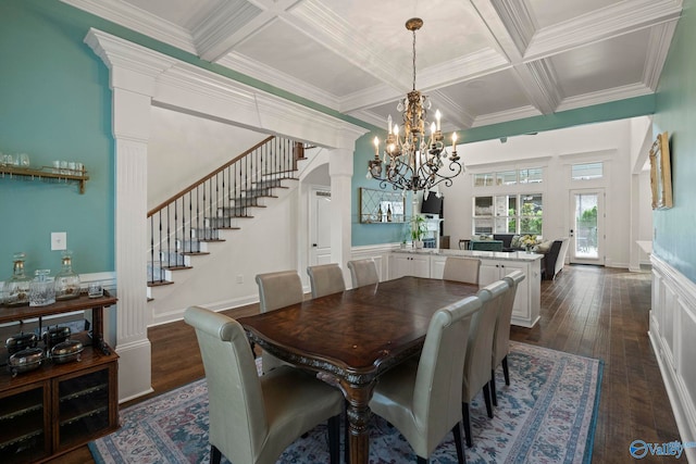 11 SE Braewick Pl, Gurley, AL 35748 - dining area with stairs, coffered ceiling, dark wood-style floors, ornamental molding, and a chandelier