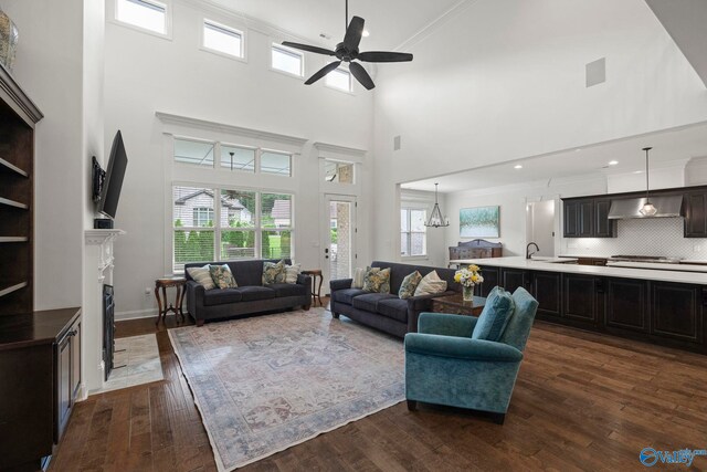 11 SE Braewick Pl, Gurley, AL 35748 - living area with ceiling fan, a high ceiling, dark wood-type flooring, ornamental molding, and a fireplace