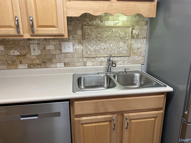 kitchen with stainless steel dishwasher, decorative backsplash, and sink