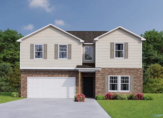 view of front of home with a front yard and a garage