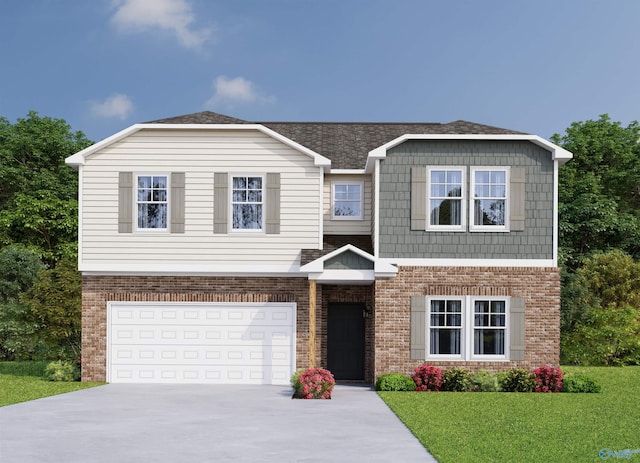 view of front of house featuring a front lawn and a garage