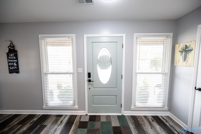 foyer entrance featuring dark wood finished floors, baseboards, and plenty of natural light