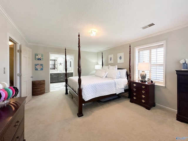 bedroom with a textured ceiling, visible vents, crown molding, and light carpet