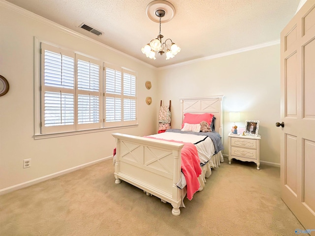 bedroom with an inviting chandelier, crown molding, light colored carpet, and visible vents
