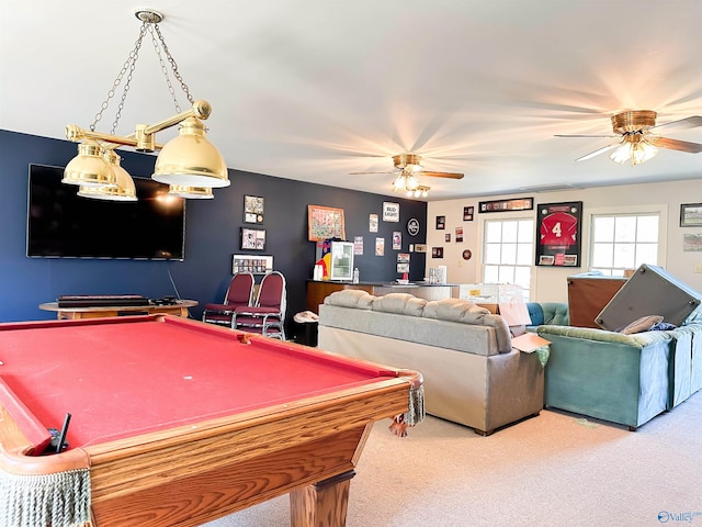 recreation room with pool table, carpet flooring, and a ceiling fan