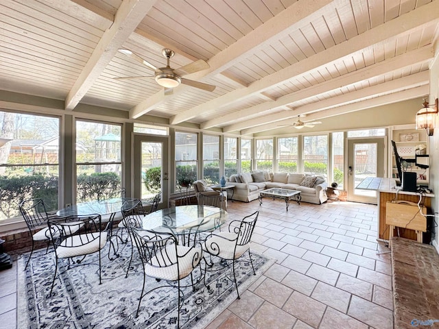 sunroom with an outdoor living space, ceiling fan, and wood ceiling
