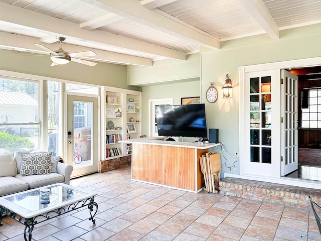 living room featuring wooden ceiling, beamed ceiling, and a ceiling fan
