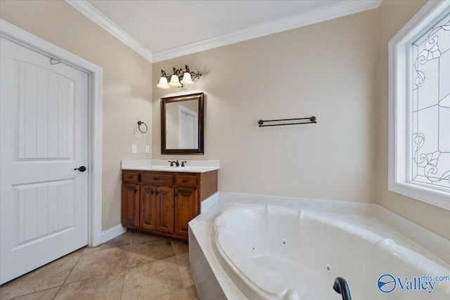 bathroom featuring ornamental molding, vanity, and a relaxing tiled tub