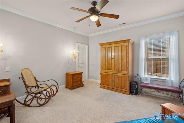 living area featuring light carpet, ceiling fan, and crown molding