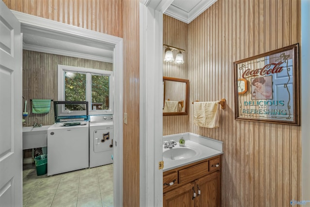 251 Wells St, Mentone, AL 35984 - bathroom with washing machine and dryer, wallpapered walls, and ornamental molding