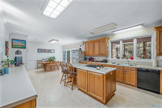 kitchen featuring dishwasher, a center island, ornamental molding, and a healthy amount of sunlight