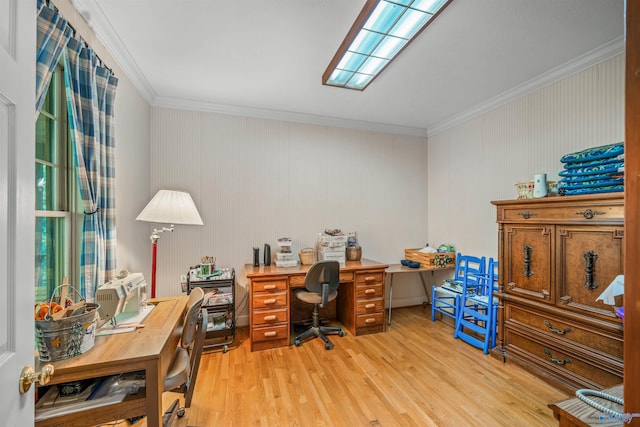 office with crown molding and light hardwood / wood-style flooring