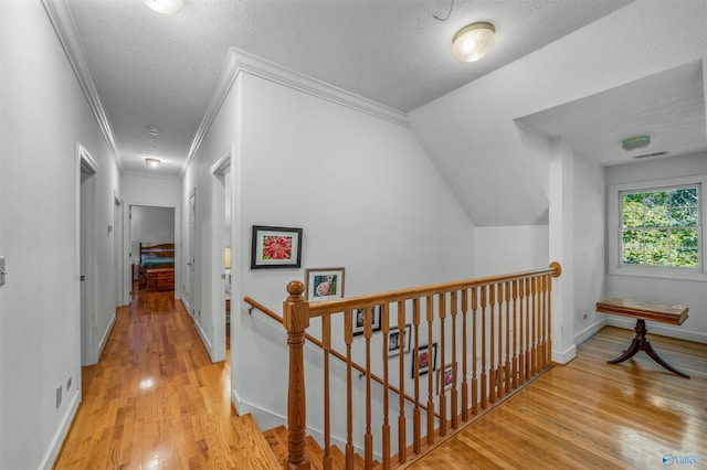 hallway featuring light wood-type flooring, crown molding, and a textured ceiling