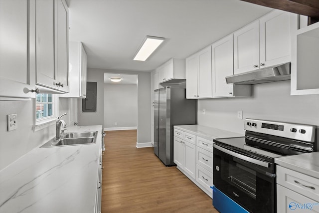 kitchen with a sink, white cabinetry, under cabinet range hood, and stainless steel appliances
