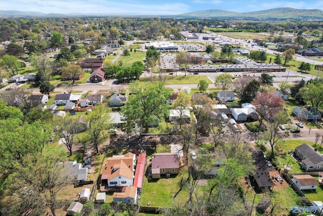 drone / aerial view featuring a mountain view and a residential view