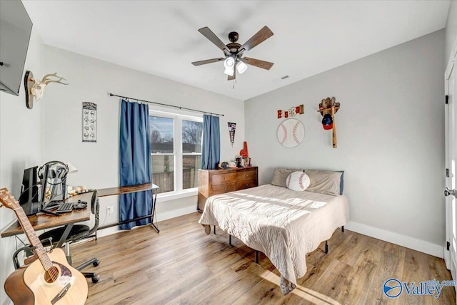 bedroom featuring baseboards, visible vents, and light wood-style floors