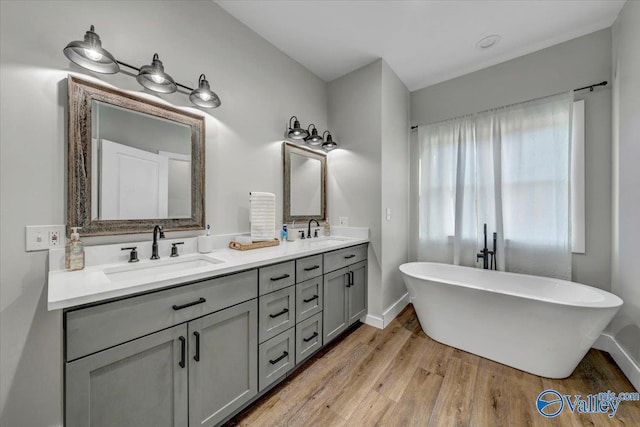 bathroom featuring double vanity, wood finished floors, a soaking tub, and a sink