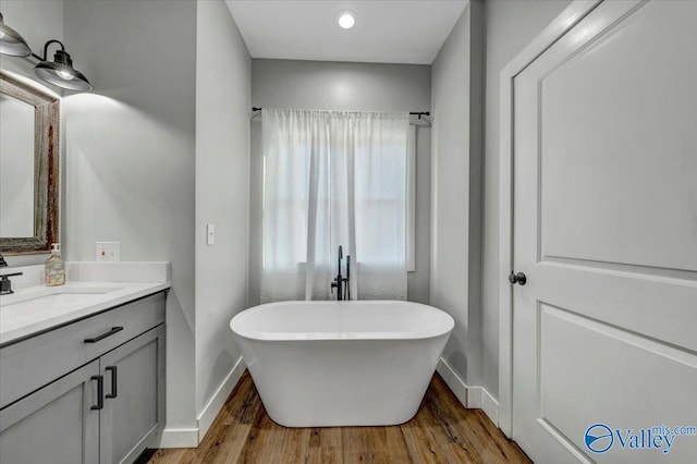 bathroom with a soaking tub, baseboards, wood finished floors, and vanity