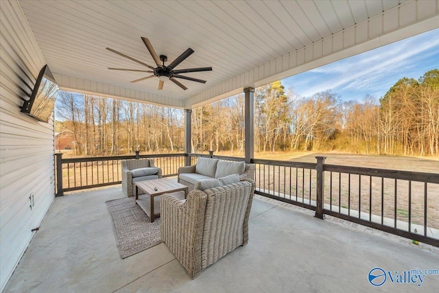 view of patio / terrace featuring ceiling fan and an outdoor hangout area