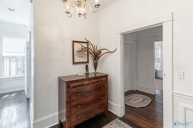 hall with dark hardwood / wood-style floors and an inviting chandelier