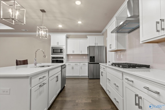 kitchen featuring wall chimney range hood, dark wood-type flooring, an island with sink, appliances with stainless steel finishes, and sink