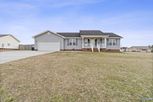 ranch-style house featuring driveway, a garage, crawl space, covered porch, and a front yard