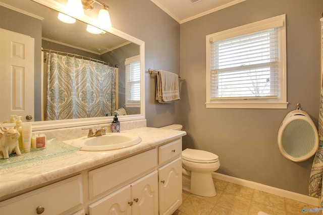 bathroom with ornamental molding, walk in shower, vanity, and toilet