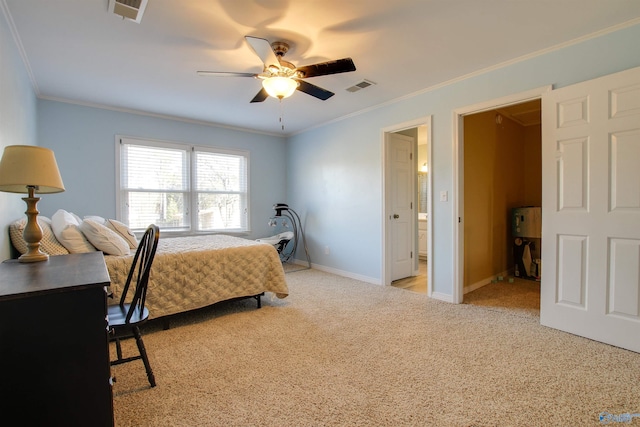 carpeted bedroom featuring ornamental molding and ceiling fan