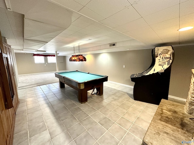 game room featuring light tile patterned floors, a paneled ceiling, pool table, visible vents, and baseboards