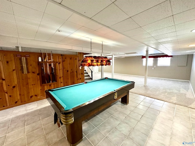 game room featuring a drop ceiling, light tile patterned floors, and pool table