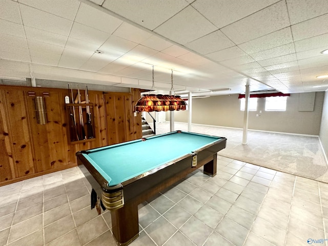 playroom with pool table, carpet floors, and wooden walls