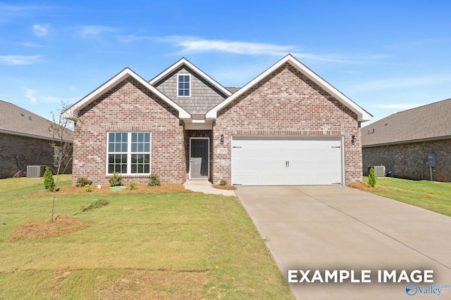 view of front of home featuring central air condition unit, an attached garage, a front yard, brick siding, and driveway