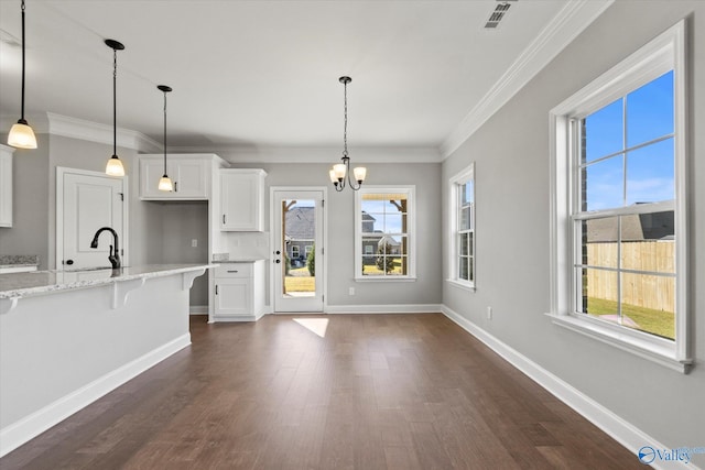 kitchen with light stone countertops, plenty of natural light, white cabinets, and dark hardwood / wood-style floors