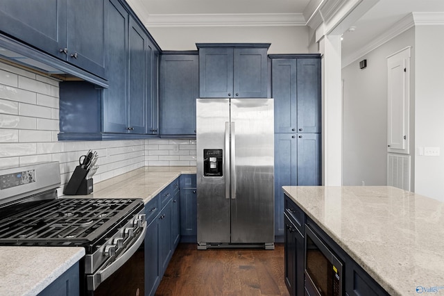 kitchen featuring dark wood-style flooring, blue cabinetry, appliances with stainless steel finishes, ornamental molding, and light stone countertops