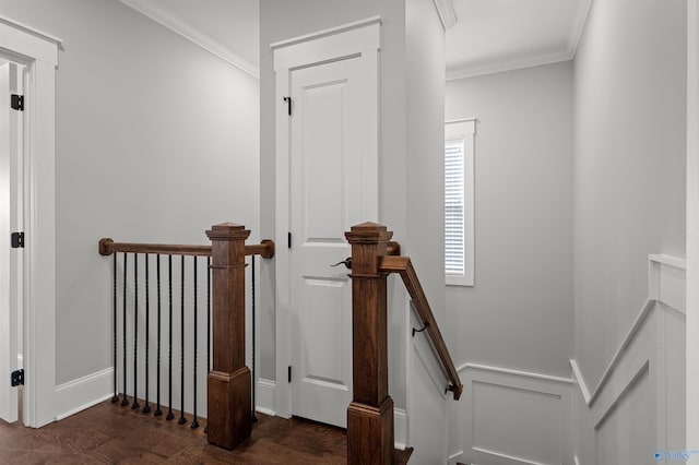 stairway with ornamental molding, a wainscoted wall, a decorative wall, and wood finished floors