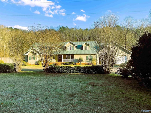 view of front facade with metal roof and a front lawn