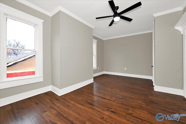 unfurnished room featuring crown molding, ceiling fan, and dark wood-type flooring