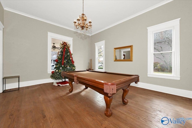 playroom with a chandelier, dark hardwood / wood-style flooring, ornamental molding, and billiards