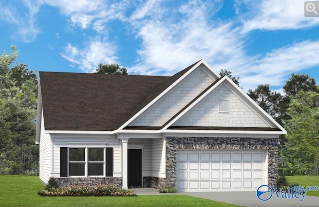 211 Bent Creek Ln, New Market, AL 35761 - craftsman inspired home with stone siding, a front lawn, a garage, driveway, and roof with shingles