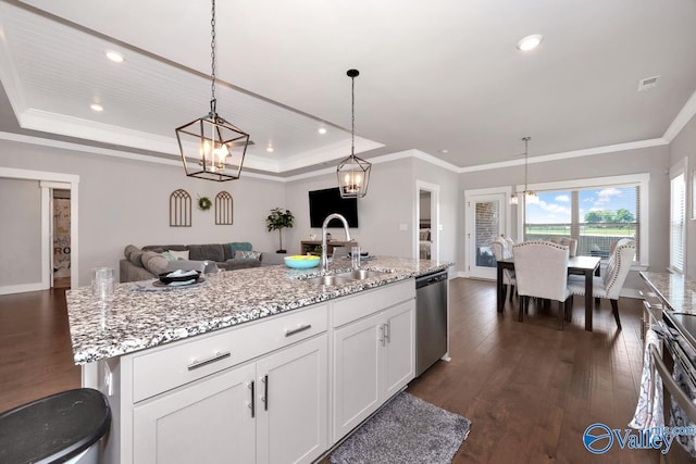 14614 Demarie Ln, Athens, AL 35613 - kitchen with stainless steel appliances, a tray ceiling, a chandelier, crown molding, and recessed lighting