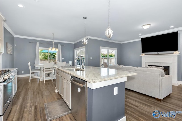 kitchen with dark wood-type flooring, ornamental molding, stainless steel appliances, and a sink