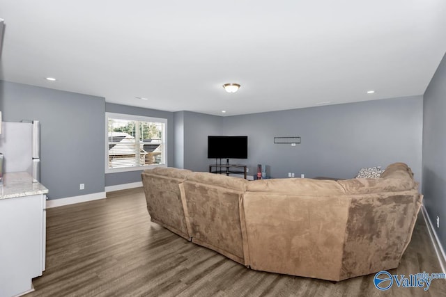 living area featuring baseboards, wood finished floors, and recessed lighting