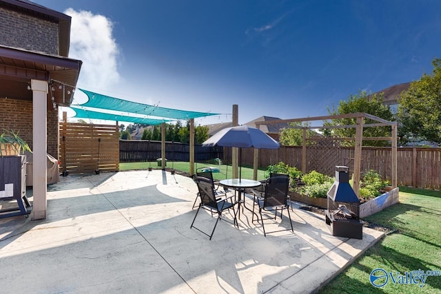 view of patio / terrace with a fenced backyard and a vegetable garden