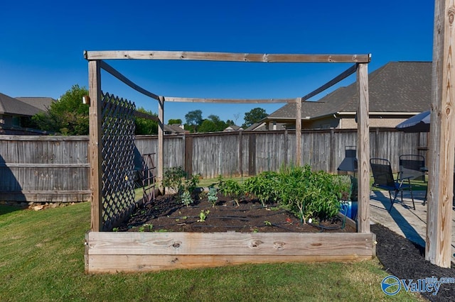 view of yard with a garden and a fenced backyard