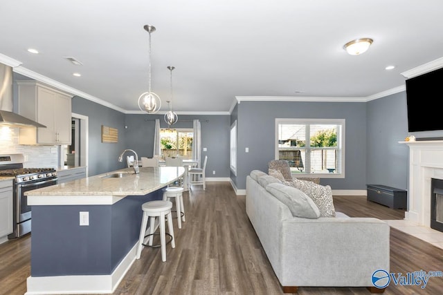 kitchen featuring a healthy amount of sunlight, stainless steel gas range oven, tasteful backsplash, and a sink