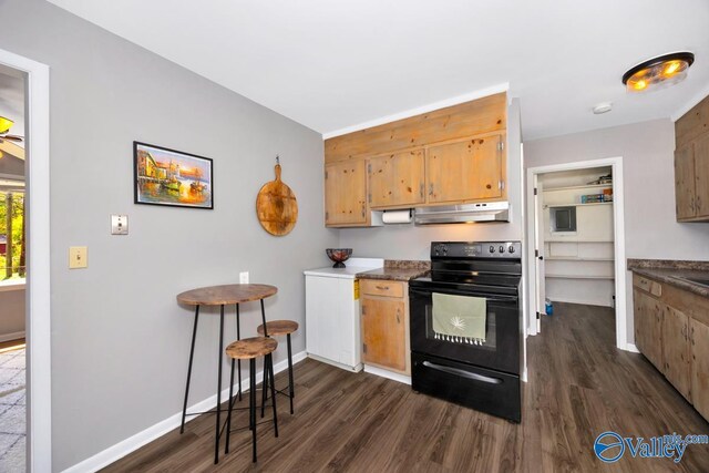 kitchen featuring baseboards, under cabinet range hood, dark wood-type flooring, and black range with electric stovetop