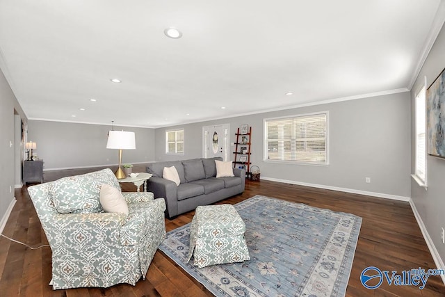 living room with baseboards, wood finished floors, a wealth of natural light, and ornamental molding