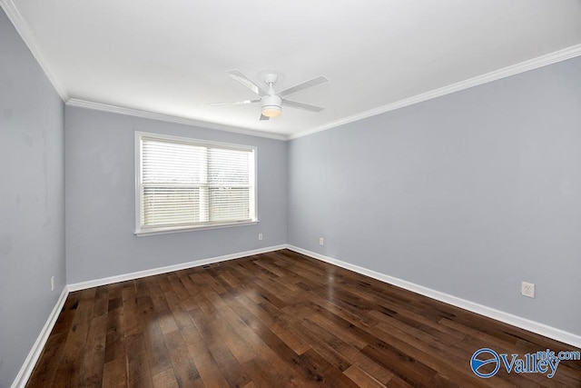 empty room with ornamental molding, ceiling fan, hardwood / wood-style floors, and baseboards