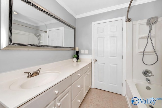 bathroom with ornamental molding, tub / shower combination, vanity, and tile patterned floors