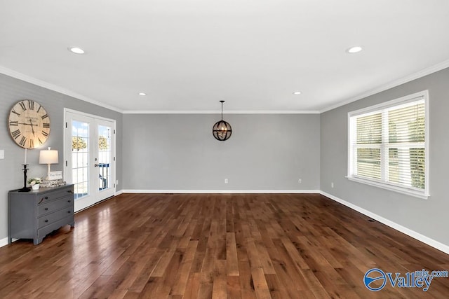 unfurnished living room featuring french doors, baseboards, crown molding, and dark wood-style flooring